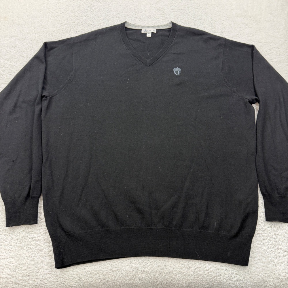 Peter Millar Mens XL Black Merino Wool Silk V-Neck Sweater Acorn Logo RN100628